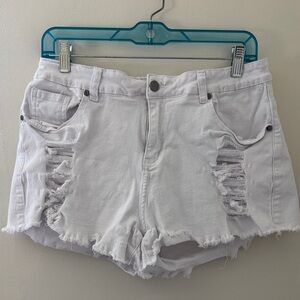 Distressed White Denim Shorts